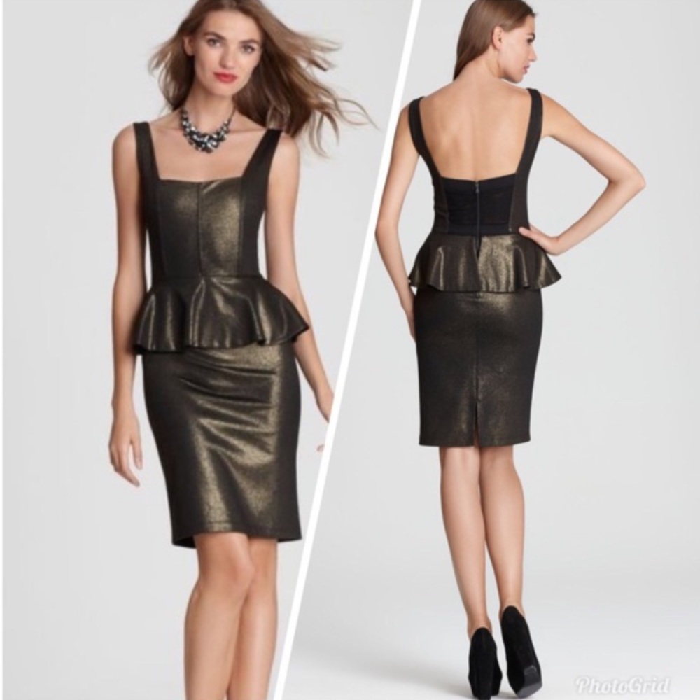 Alice + Olivia Metallic Peplum Bronze Midi Dress 0